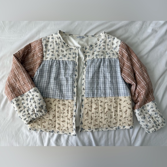 Quilted Plaid Floral Open Jacket Large Cream Blue Brown Cottagecore - Picture 3 of 7